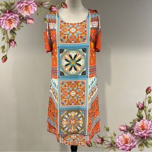 Colorful Geometric Print could shoulder short sleeve loose fit mini Dress size s